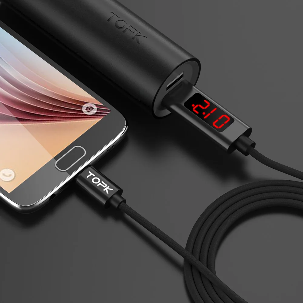 TOPK 1 м(3,28 фута) Micro USB зарядка данных светодиодный цифровой дисплей напряжения и тока нейлоновый Плетеный usb-кабель для Samsung Xiaomi LG