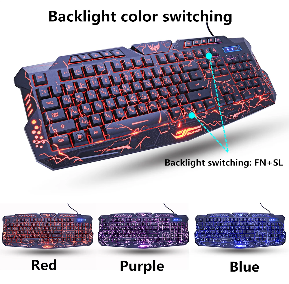 Русский/Английский Gaming Keyboard светодиодный 3-Цвет M200 USB проводной Цвет ful дыхание подсветкой Водонепроницаемый компьютер трещины клавиатура