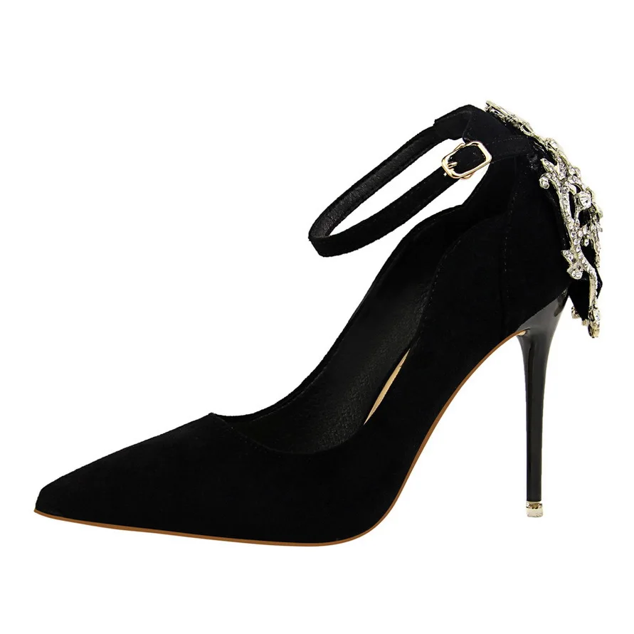 

Pumps Europe wind sexy thin women's shoes with super high heel suede shallow mouth pointed rhinestone word with single shoe