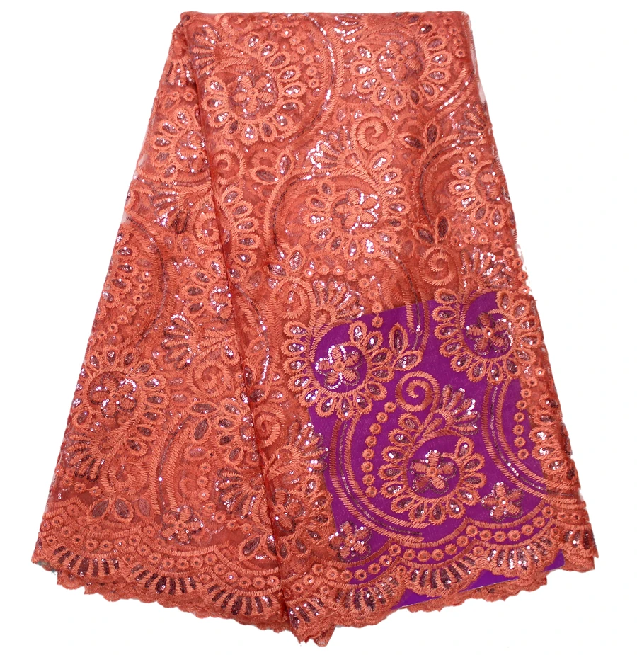 

New style peach colors Voile Lace with Nice Embroidery Design and sequins African net Lace High Quality for wedding dress