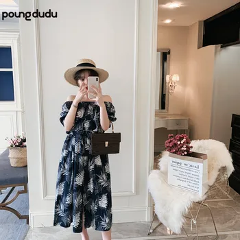 

Poungdudu maternity pregnant women dress spring and summer short-sleeved digital printing chiffon shirt dress Real shot 2019