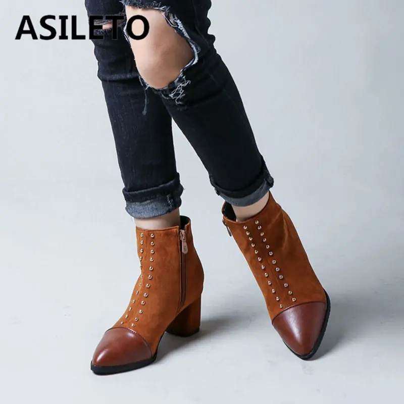 

ASILETO big size 33-46 ankle boots for women punk high heels zipper booties scrub pointed toe retro studded short bottines botas