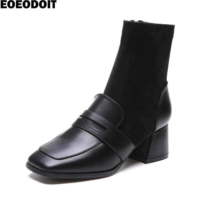

EOEODOIT Leather Boots Fashion Square Toe Mid Calf Autumn Winter Med Chunky Heel Sock Boots Women Pumps Martin Shoes