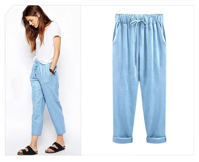 Летние брюки, женские широкие прямые брюки с высокой талией, женские повседневные брюки, офисные брюки большего размера, женские повседневные брюки - Цвет: Blue