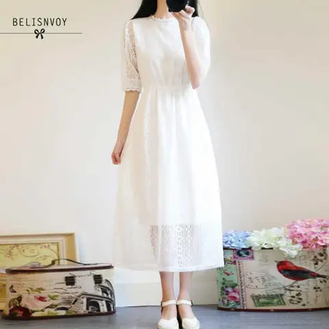Oco para Fora Mori Menina Verão Feminino Laço Branco Partydresses Coreano Chique Doce Vestidos Verano Meia Manga Elegante Vestido Midi