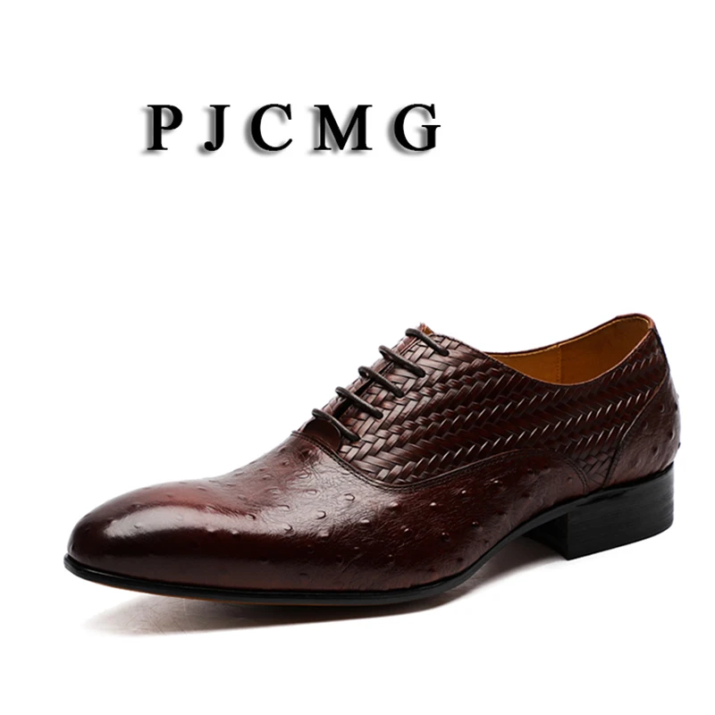 

PJCMG New Breathable Black/Red Oxford Dress Genuine Leather Ostrich Style Lace-Up Solid Pointed Toe Wedding Business Shoes