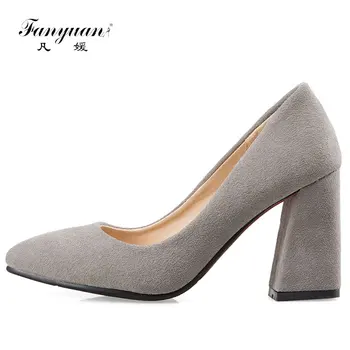 

Fanyuan Big Size 43 Faux Suede Nude Pumps Women Shoes Pointed Toe Square High Heels 2017 New Ladies Slip On Dress Shoes Pumps