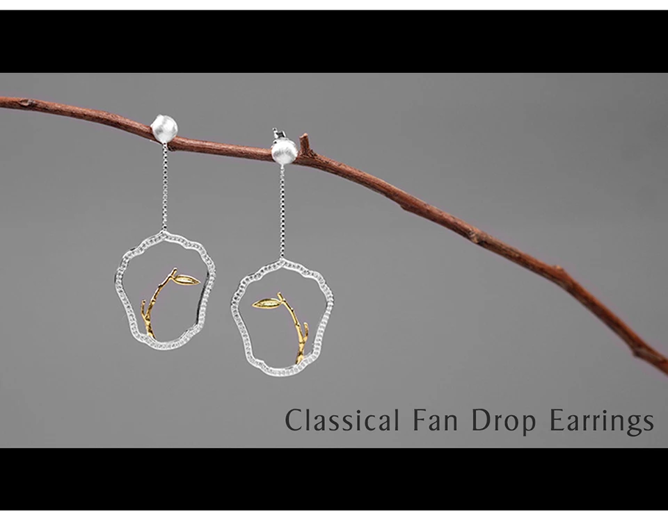 Muduh Collection Real 925 Sterling Silver Handmade Designer Fine Jewelry Classical Fan Shape Earrings Leaves Drop Earrings for Women