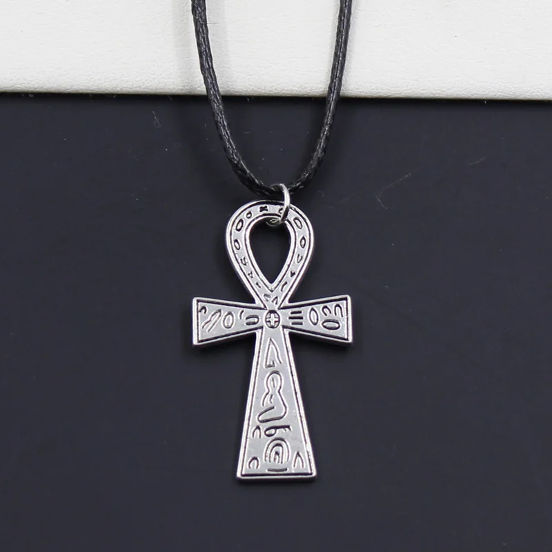 New Durable Black Faux Leather Egyptian Ankh Life Cross Pendant Cord Choker DIY Necklace Retro Boho Tibetan Silver Color