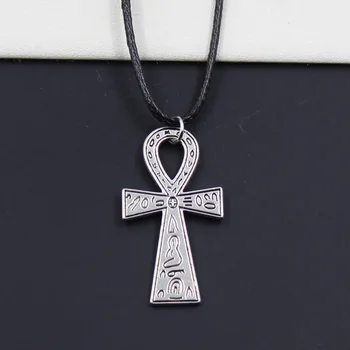 New Durable Black Faux Leather Egyptian Ankh Life Cross Pendant Cord Choker DIY Necklace Retro Boho Tibetan Silver Color