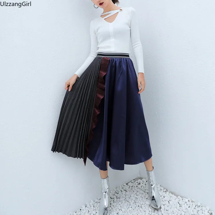 Эластичный Высокая талия Винтаж цвет блока оборками плиссированные А-силуэта пикантные модные Атласные шифон длинная юбка миди для женщин Boho Корейский сладкий