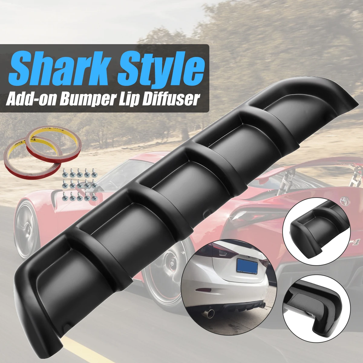 

Universal 25"x5" Matte Black Car Car-Styling Plastic Rear Shark Fin Style Curved Bumper Lip Diffuser Shark 6 Fin Spoiler Kit