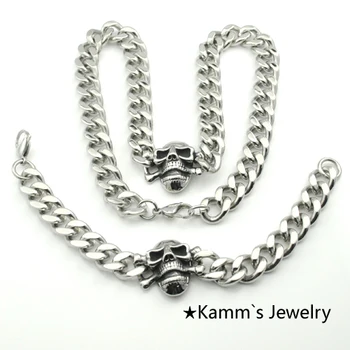 

Skull Necklace Bracelet Set Silver 316L Stainless Steel men Biker jewelry punk KB554
