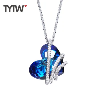 

TYTW Crystals From Austrian Brass Women Necklaces Chic Fashion Jewelry Ocean Heart Blue Pendant Necklace Elegant Party Choker