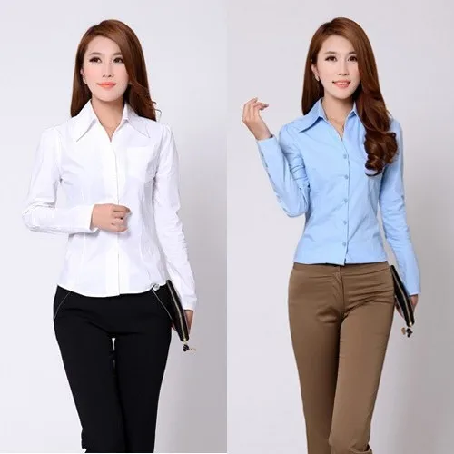 Ladies Cotton Office Shirts Womens 2016 Female Formal Turn down Collar ...
