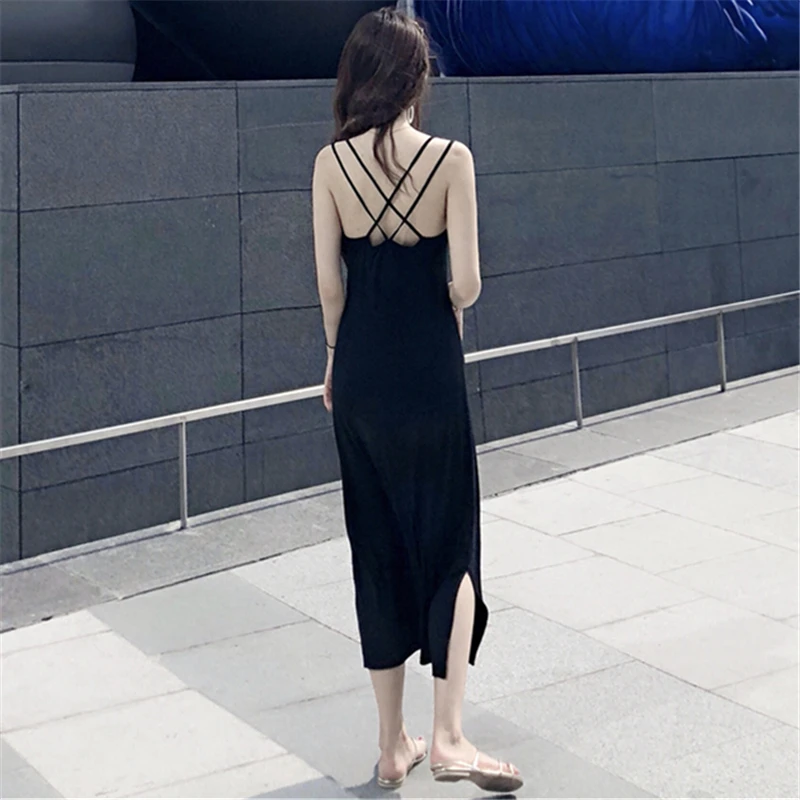 

Lychee Girls Slim Sexy Sleeveless Summer Women Dress Backless Sling Long Dress Causal Straight Solid Dress Female