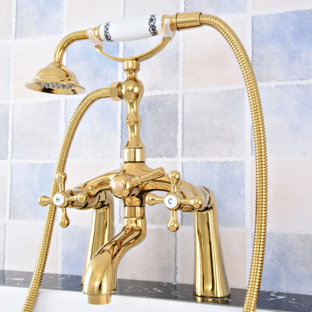 

Luxury Gold Color Brass Deck Mounted Bathroom Tub Faucet Dual Handles Telephone Style Hand Shower Clawfoot Tub Filler atf776