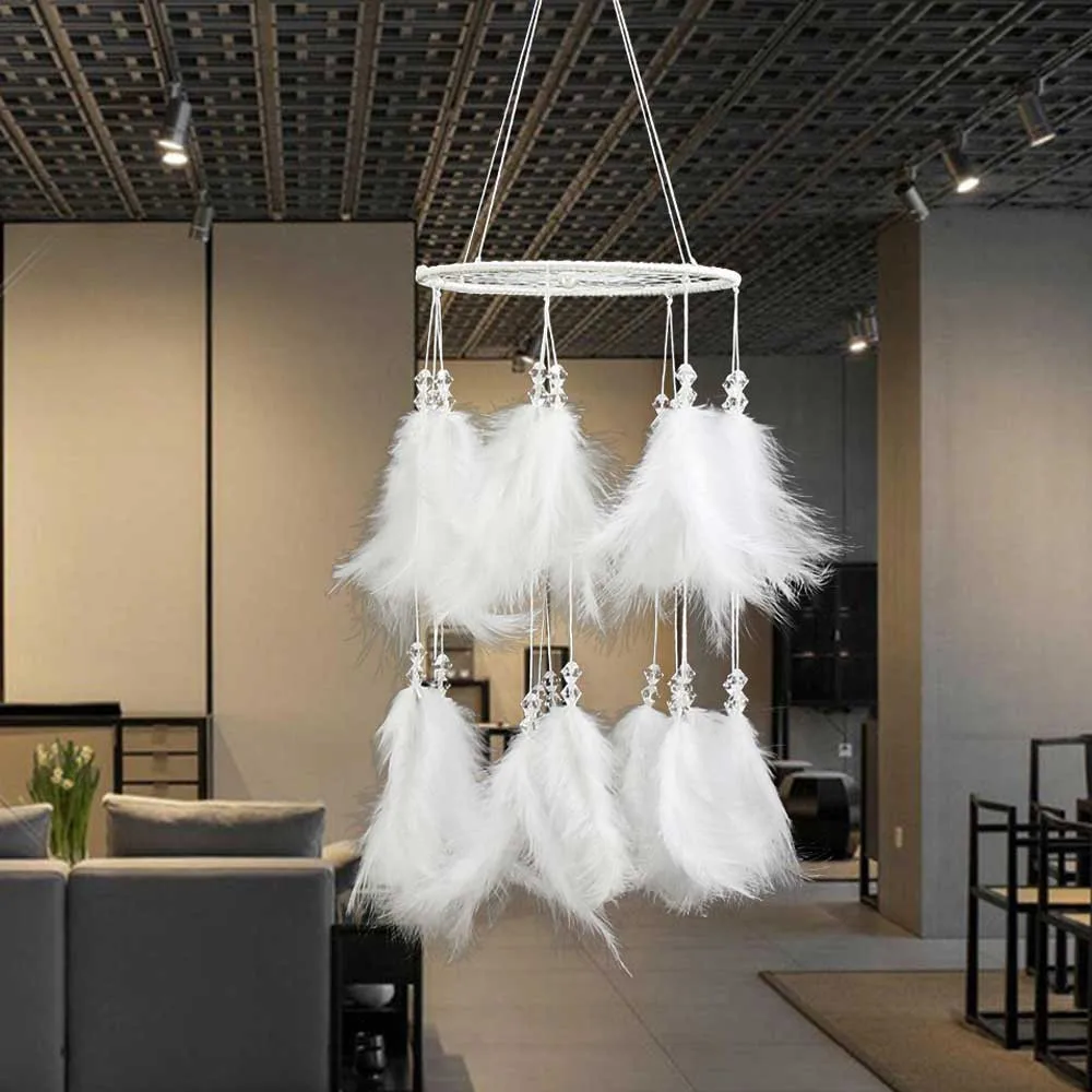 

Creative Fluff Dream Catcher Clear Bead Wind Chimes White Light Feather Dreamcatcher Girl Room Seaside House Decoration Crafts