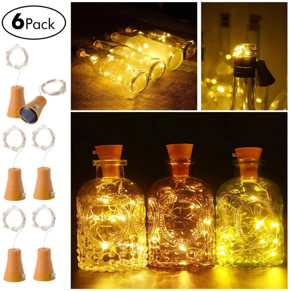 6PCS 1M Solar Glass Wine LED Fairy String Light Battery Cork Shaped