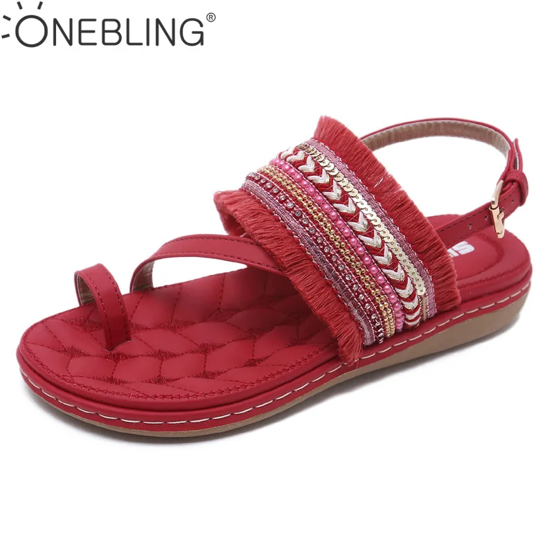 

One Bling Women Flat Ethnic Bohemian Summer Woman Pompon Sandals Gladiator Roman Strappy Embroidered Shoes Plus Size 35-42