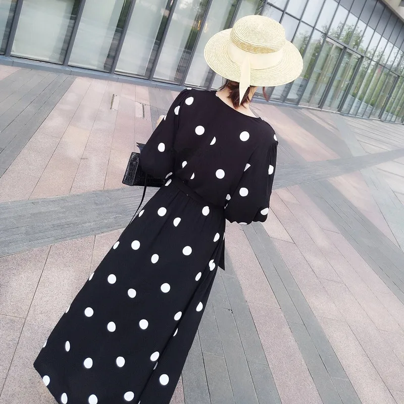 PERHAPS-U-black-white-polka-dot-dress-v-neck-3-4-sleeve-maxi-long-dress-summer(5)