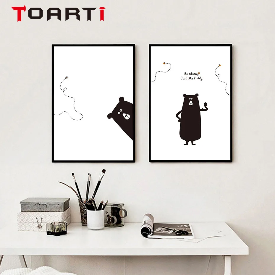 Black-and-white-Animal-Cartoon-Combination-Elephant-Cat-A4-Art-Poster-in-Canvas-Painting-Wall-Pictures (2)