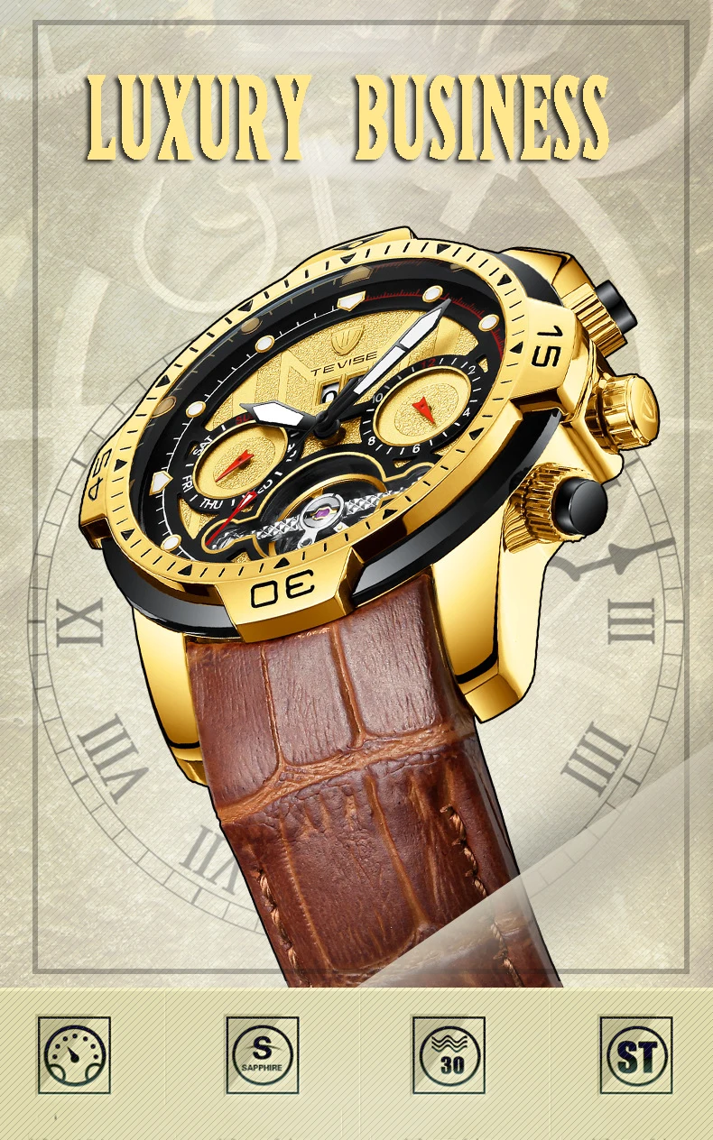 Tevise Мужские автоматические механические часы мужские роскошные золотые Tourbillon Скелет водонепроницаемые мужские наручные часы Relogio masculino
