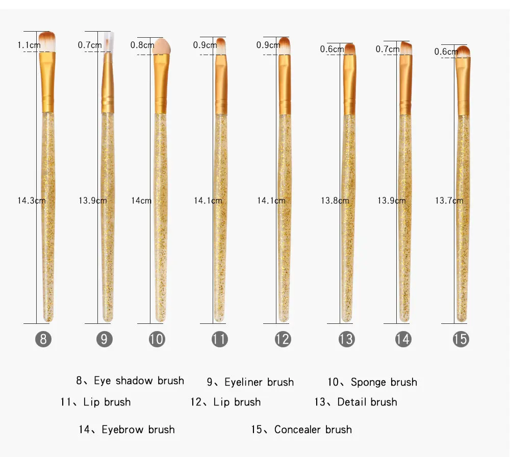15 шт./компл. блеск алмазные кисти для макияжа набор косметических инструментов Тени для век для основы, пудры, румян кисть для начинающих Косметика набор кистей