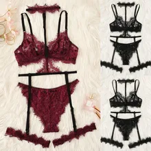 Feitonglingery боди кружевное белье бюстгальтер+ подвязка+ трусы Набор Babydoll нижнее белье женское Бесшовное#3