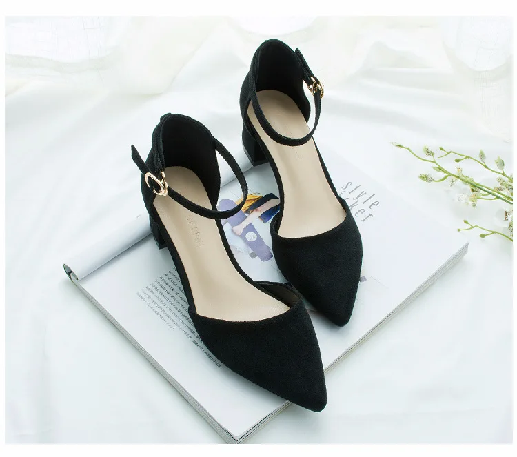Женские туфли-лодочки замшевые тонкие туфли с пряжкой женские туфли на высоком квадратном каблуке с острым носком; F90127