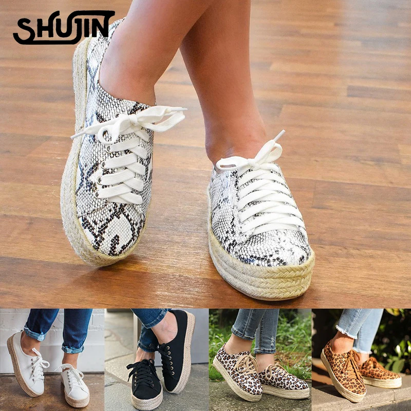 

SHUJIN Women Leopard Pattern Shoes Casual Slip-on Flat Lace Up Shoes Non-slip Round Toe Shoes Sports Sneakers Plus Size 35-43