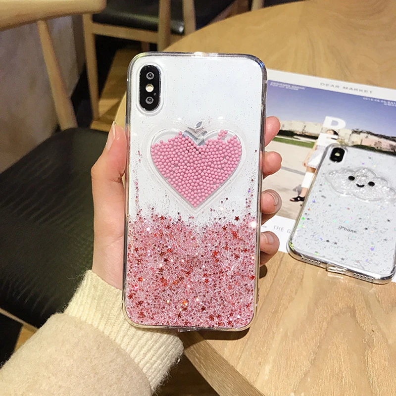 Tfshining Liquid Heart Glitter Phone Case For iPhone 7 8 Plus 6 6S Plus X XR XS Max Smile Face Clouds Powder Soft TPU Back Cover (6)