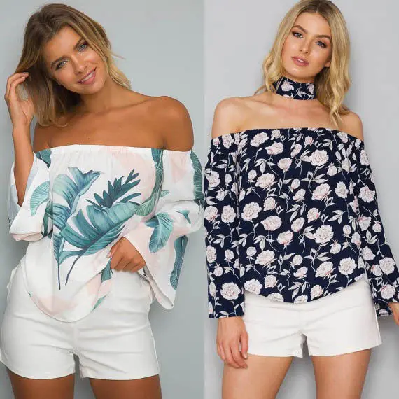 

Fashion Women Ladies Summer Off Shoulder Floral print Blouse Tops Chiffon Flare Sleeve Shirt Loose Casual Blouse Tops Choker