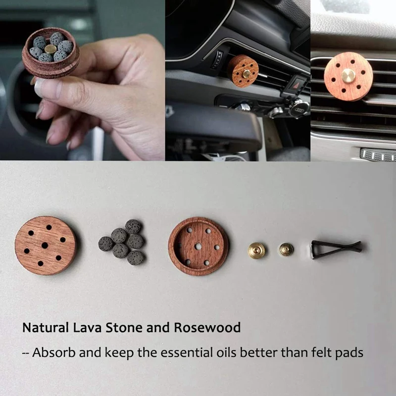 Essential Oil Diffuser For Car With Vent Clip, Wooden Stainless Steel Lava Stone Aromatherapy Diffuser Locket Mini Air Freshen