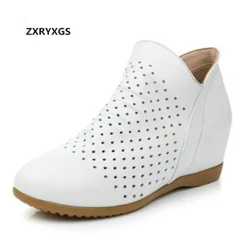 

2019 New Hollow Full Real Leather Shoes Flat Increase Within Women Boots Sandals Casual Ankle Boots Women Shoes Shoes Size 33-43