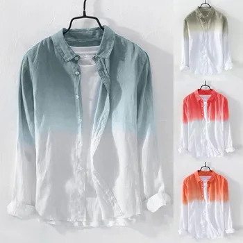

Men Blouse Summer Mens Cool Thin Breathable Lapel Collar Hanging Dyed Gradient Cotton Shirt