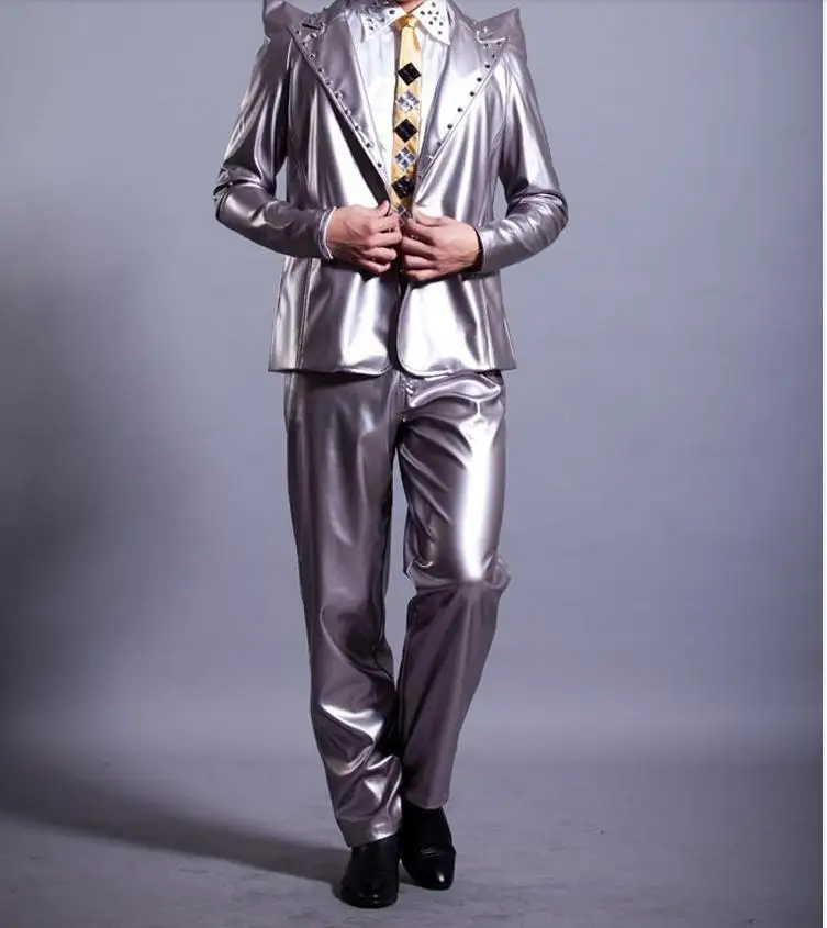 Серебряный певец костюмы ПУ искусственная кожа брюки для мужчин 1 Брюки Мужские Сценические брюки мужские брюки одежда обеспечивают на заказ - Цвет: Серебристый