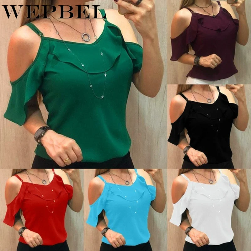 

WEPBEL Women's Fashion Summer Casual Strapless Off Shoulder Short Sleeve Ruffle Patchwork Solid Color Strap Chiffon Blouse Tops