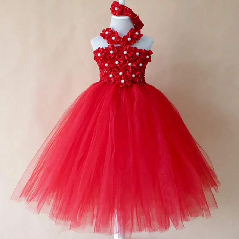 Summer girls Red flower tutu dress for Christmas festival handmade fluffy tutus ball gowns baby