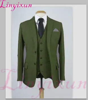 

Linyixun Latest Tailor Green Tweed Suit Men Groom Tuxedo Slim Fit 3 Piece Wedding Suits Prom Blazer Terno Masuclino