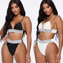 Летние Для женщин купальник бикини Купальники Сияющий с поясом, пояс украшен пришивными крупными стразами пуш-ап купальник с бюстгальтером с мягкими чашечками купальные костюмы с завышенной талией ванный комплект