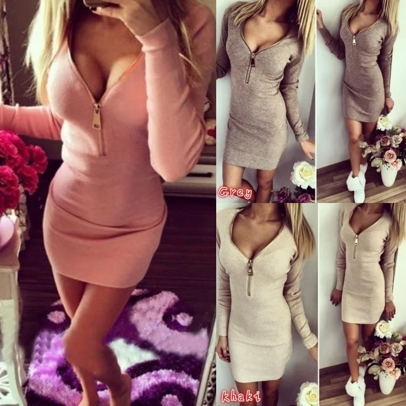 

Autumn Spring Women's Fashion Sexy Slim Dress Long Sleeve Half Zip V-neck Package Hip Dress Mini Dress Solid Knit Dress
