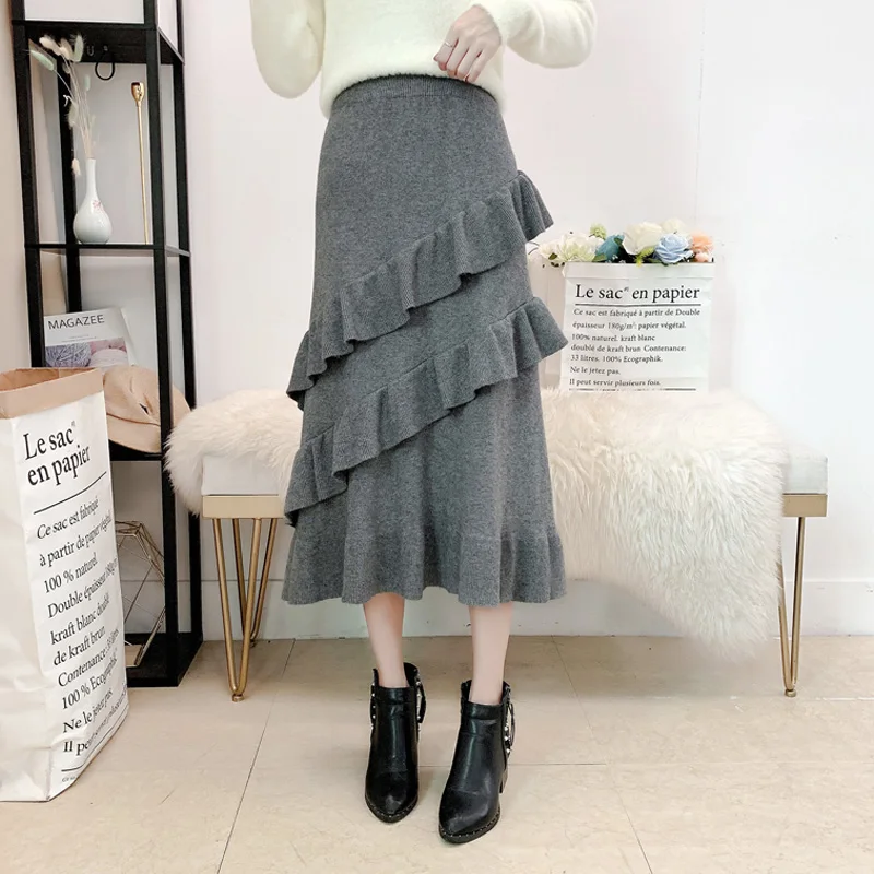 

2019 Autumn Winter Long Knitted Skirt Women Elegant High Waist Multi-layer Ruffles Skirts Female Warm Hip Package faldas mujer