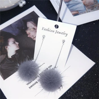 

Soft Fashion Pom Pom Ear Dangle Crystal Earring For Women Unique Jewelry Cute Gift Mink Hair Fur Ball Pom Pom Long Drop Earrings