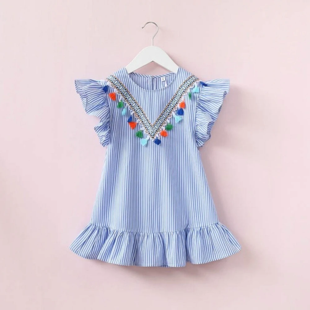 

Summer Princess Dress Cotton Baby Girl Fringed Striped Dress 2-7Y High Quality Baby Girl Infant Dress Girl Dresses