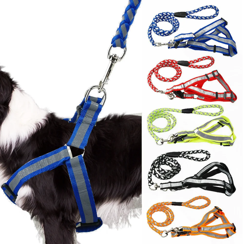 Large Reflective Dogs Collar Harness Leash Nylon Pitbull For Pet Collar Cat Accessories Supplies Harnais Pour Chien Pettorina