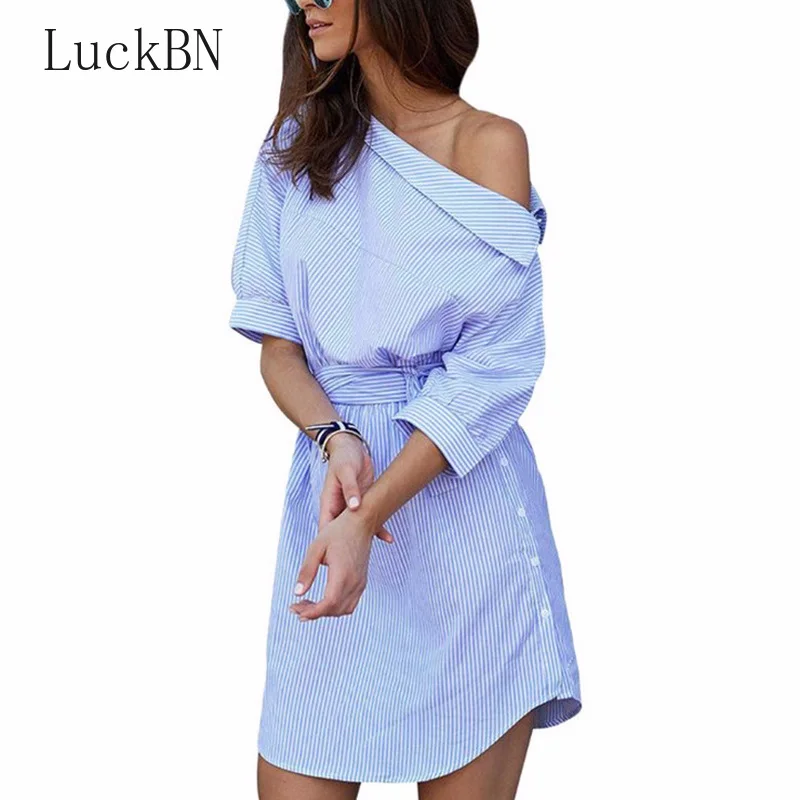 

Elegant Party Dress Women Spring Summer Off Shoulder Stripe Short Dress Beach Sexy Loose Bohemian Dresses Blue Brand