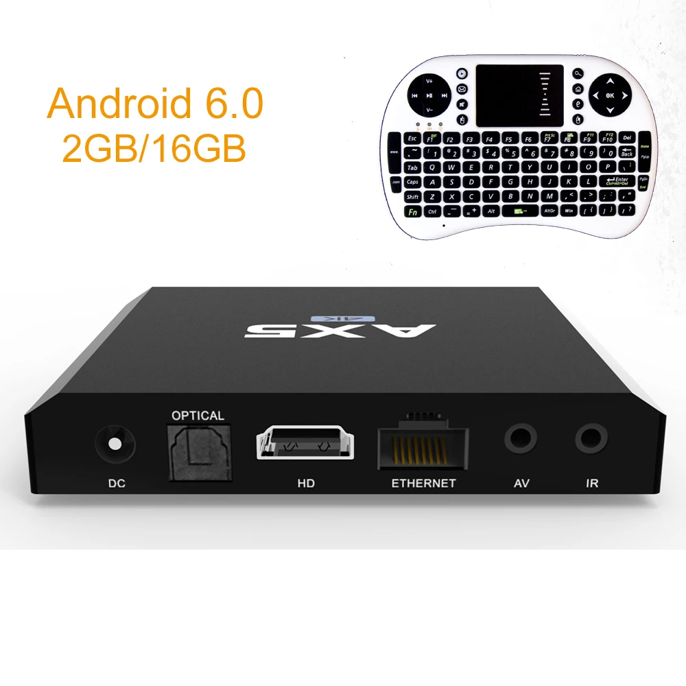 

AX5 TV Box Amlogic S905X Quad Core Android 6.0 TV BOX 2GB RAM 16GB ROM 4K 2K WiFi VP9 H.265 Media Player+i8 wireless keyboard