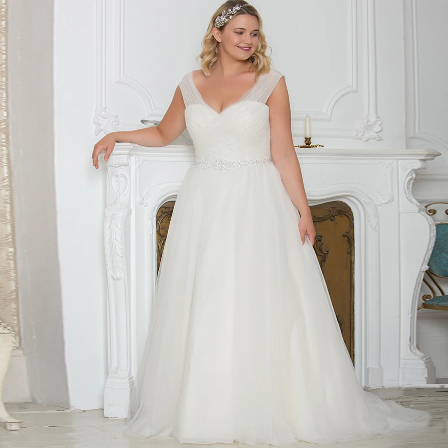 

ADLN 2019 Plus Size Wedding Dress Cap Sleeve Sleeveless Pleats Wedding Gowns with Beading Sashes Custom Bride Dress