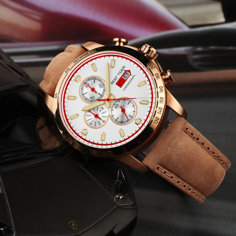  Reef Tiger/RT Sport Watch for Men Chronograph Quartz Watches with Date Rose Gold Watch with Luminou